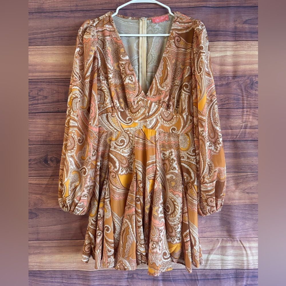 Lilly's Kloset Paisley Mini Dress Brown Orange Long Sleeve V-Neck Boho ID18502 M